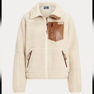 Polo Ralph Lauren Sherpa Style, Spring Beige Leather Trim High-Pile Fleece